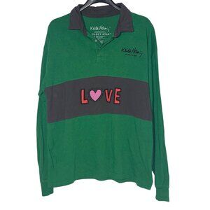 Keith Haring Select Start Love Back Graphic Rugby Polo Sz LG Kelly Green